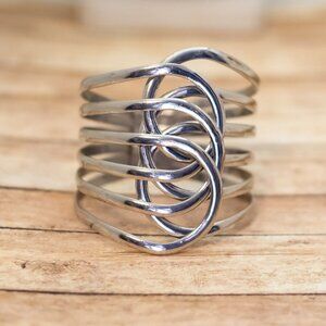 7 inch, Vintage Abstract Oval Wave Links Unique Silver Tone Hinge Bangle - XX9